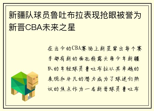 新疆队球员鲁吐布拉表现抢眼被誉为新晋CBA未来之星